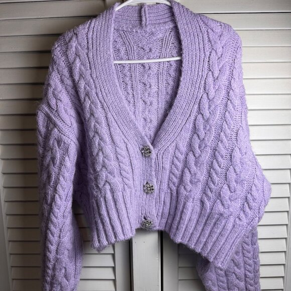 Zara Jewel Button Purple Cable Knit Cropped Cardigan Sweater Rhinestone Blogger - Picture 6 of 7